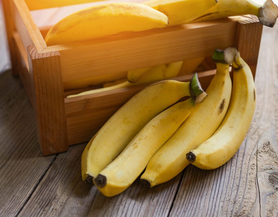Banana On Wooden Box Background, Ripe Banana Fruit On Floor - Bu